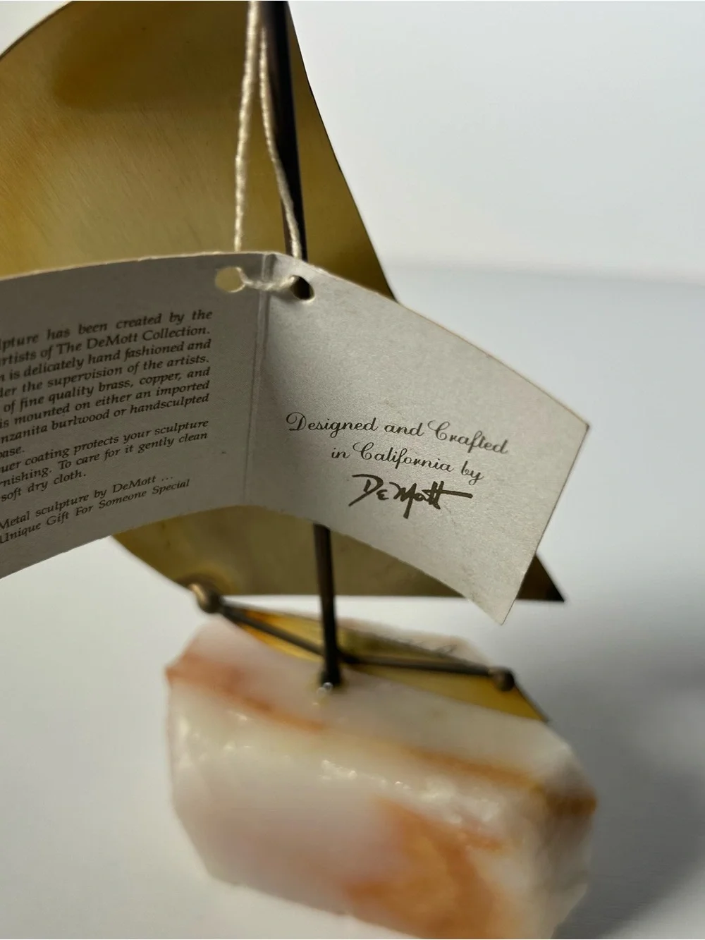 VTG John DeMott Signed Mid Century Brass Sailboat Sculpture Onyx Base 7” W/Tag